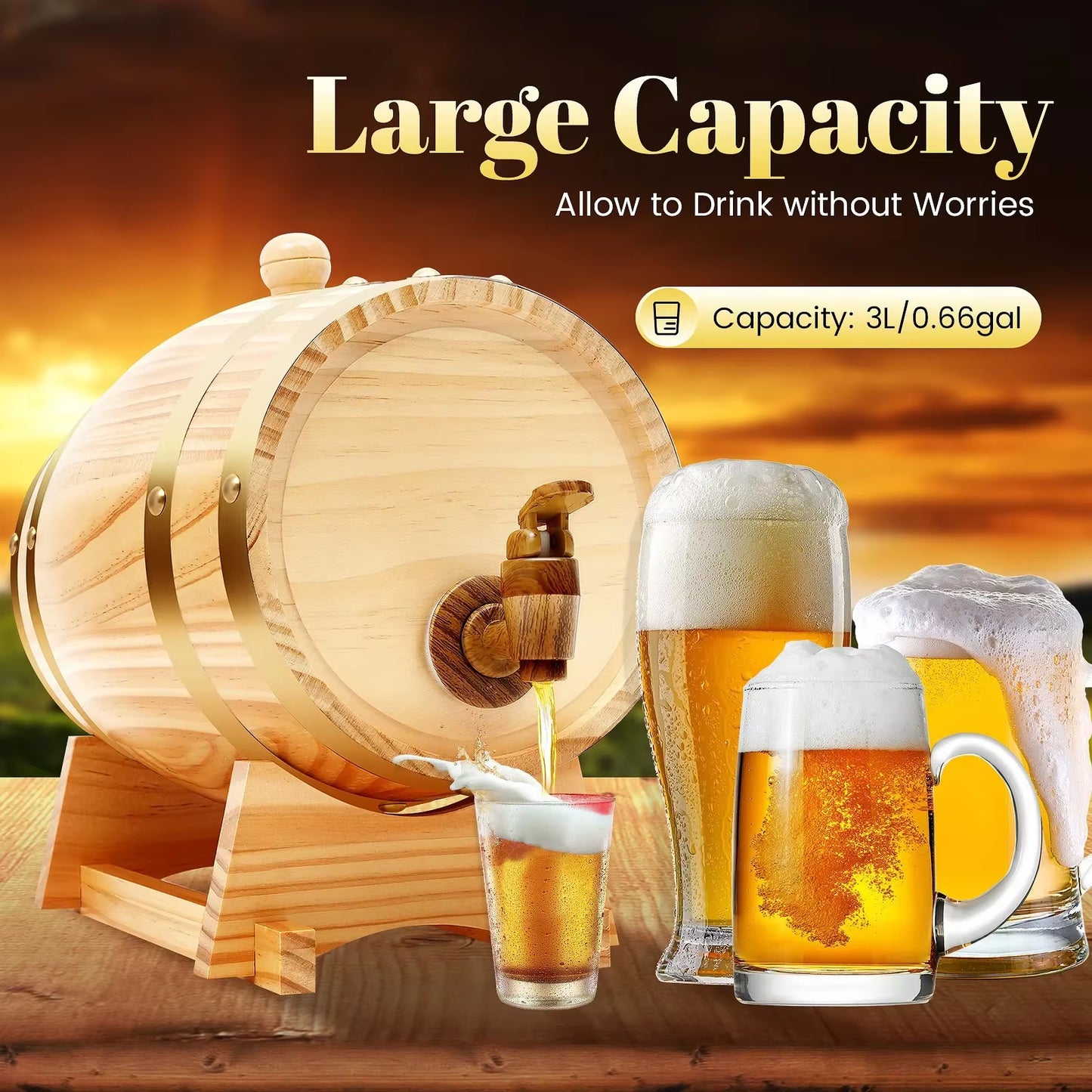 3 Liter Pine Wood Barrel with Stand, Mini Keg with Faucet for Cocktails, Whiskey Barrels Wine Barrel Decanter for Home Brewer