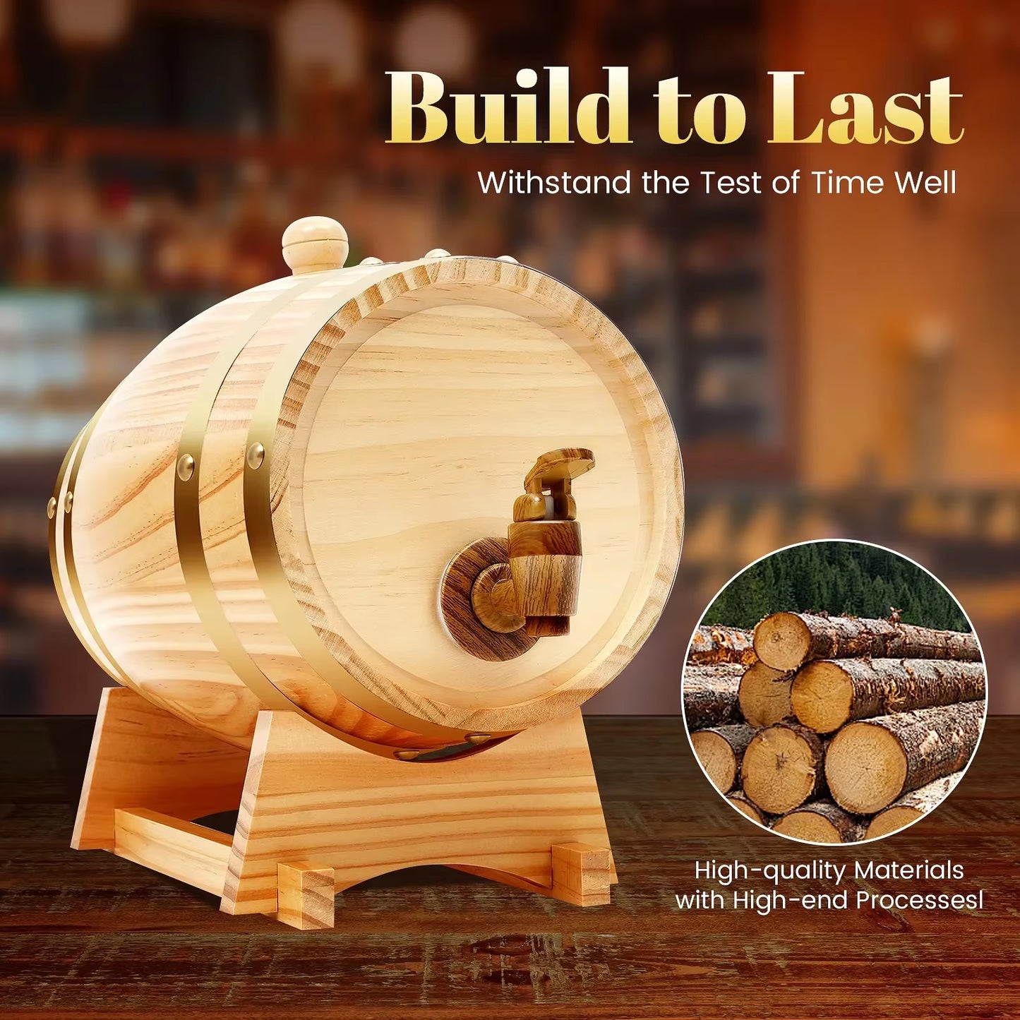 3 Liter Pine Wood Barrel with Stand, Mini Keg with Faucet for Cocktails, Whiskey Barrels Wine Barrel Decanter for Home Brewer