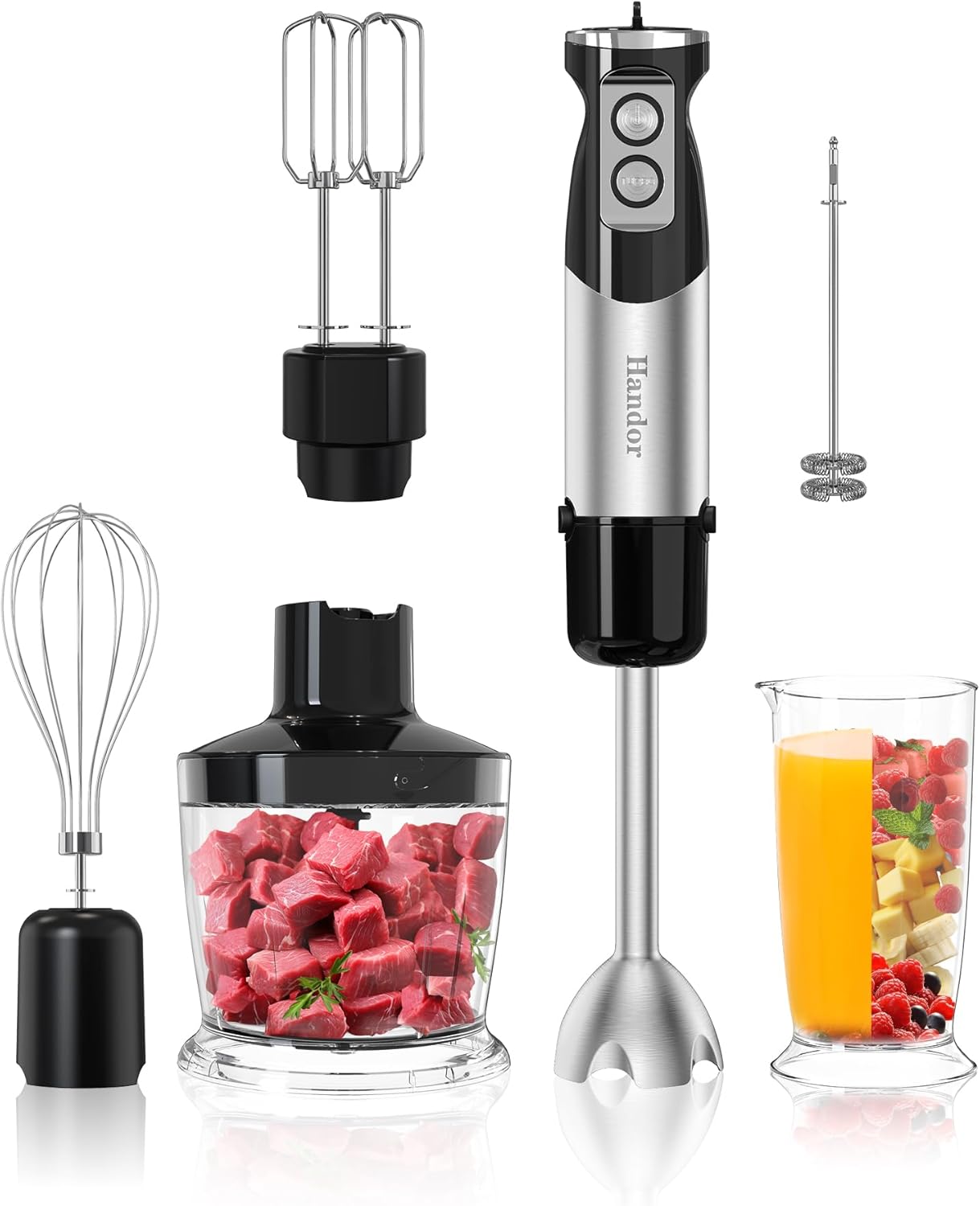 Handor 6-In-1 Hand Immersion Blender, 1000W 12 Speed Handheld Blender with 600Ml Beaker, 500Ml Chopper, Egg Whisk, Milk Frother, Stainless Steel Blades for Soup, Smoothie, Puree