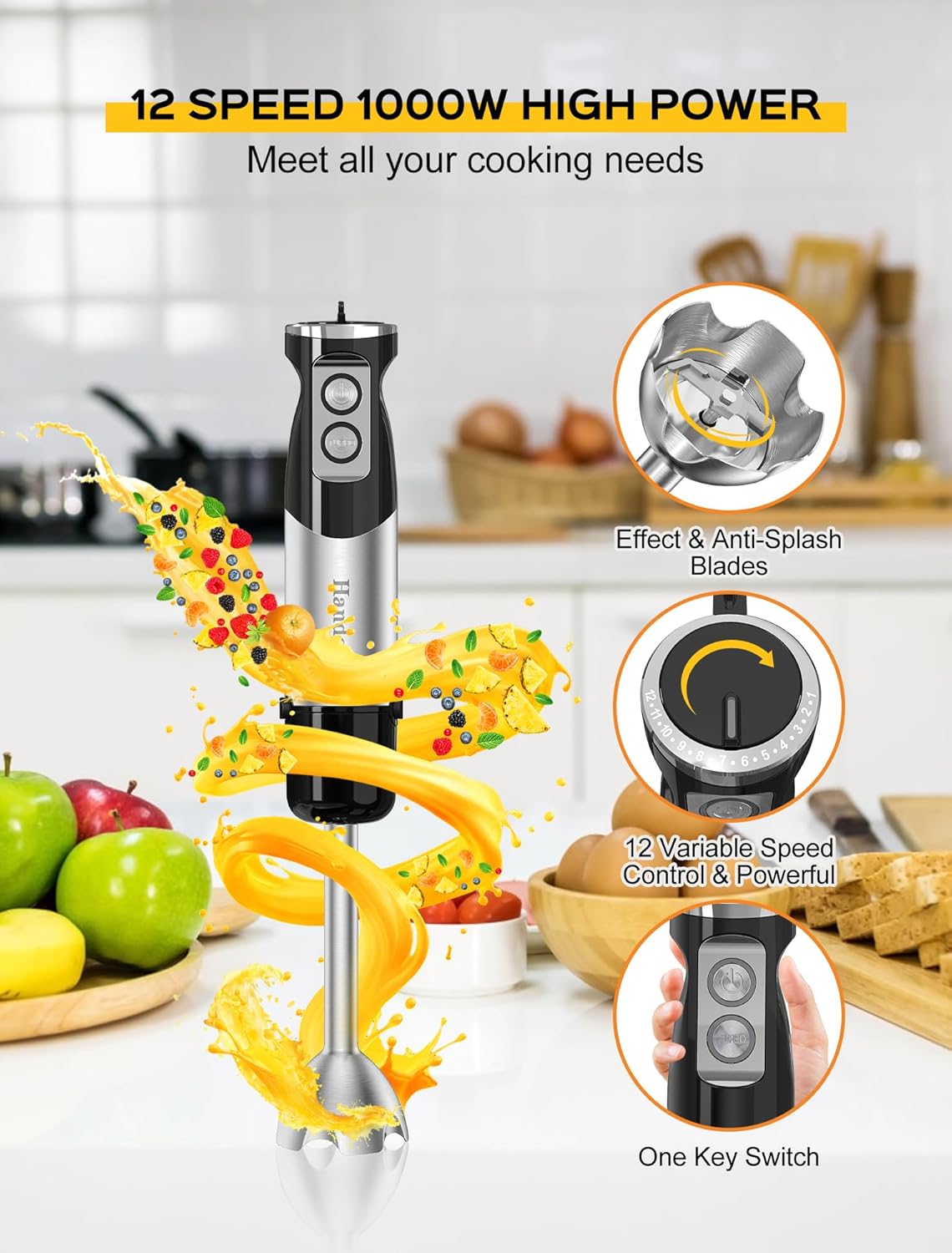 Handor 6-In-1 Hand Immersion Blender, 1000W 12 Speed Handheld Blender with 600Ml Beaker, 500Ml Chopper, Egg Whisk, Milk Frother, Stainless Steel Blades for Soup, Smoothie, Puree