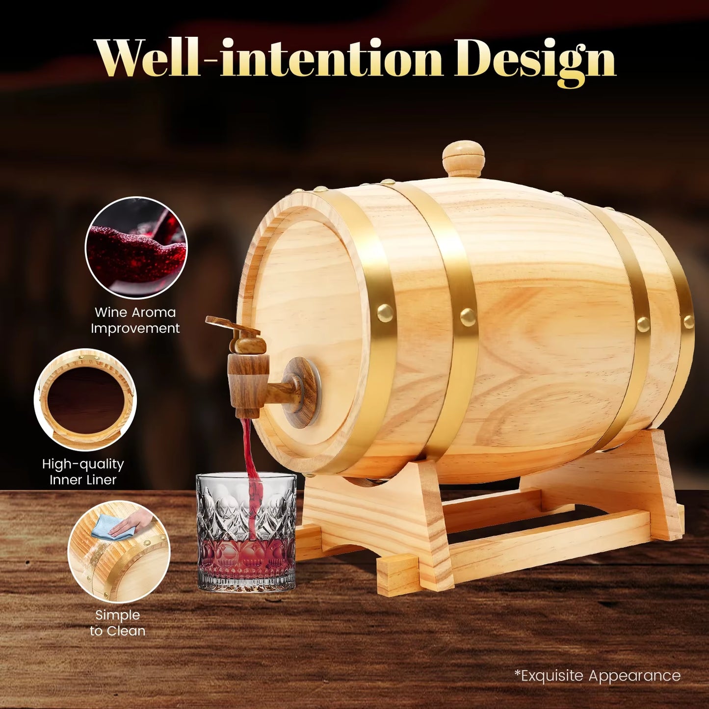 3 Liter Pine Wood Barrel with Stand, Mini Keg with Faucet for Cocktails, Whiskey Barrels Wine Barrel Decanter for Home Brewer