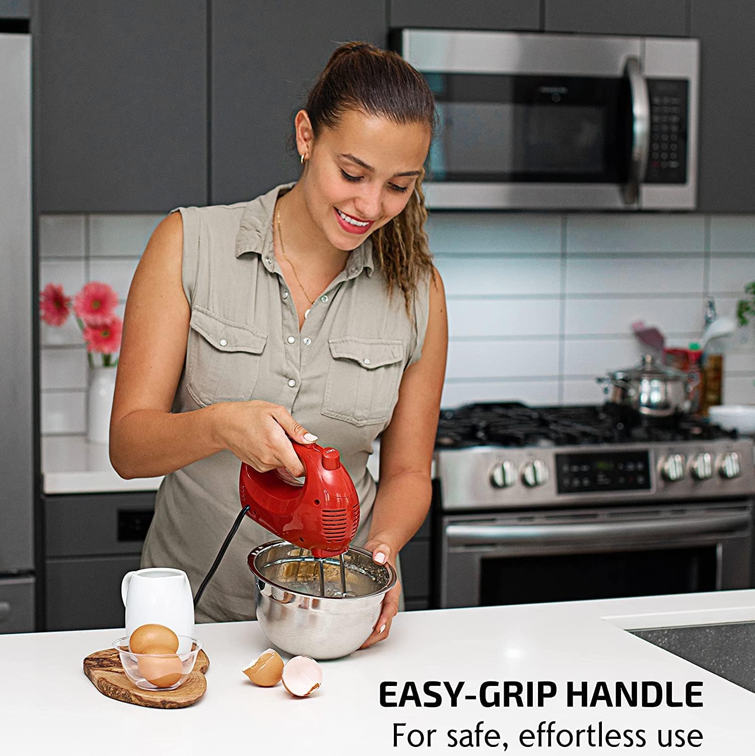 OVENTE Portable 5 Speed Mixing Electric Hand Mixer with Stainless Steel Whisk Beater Attachments & Snap Storage Case, Compact Lightweight 150 Watt Powerful Blender for Baking & Cooking, Red HM151R