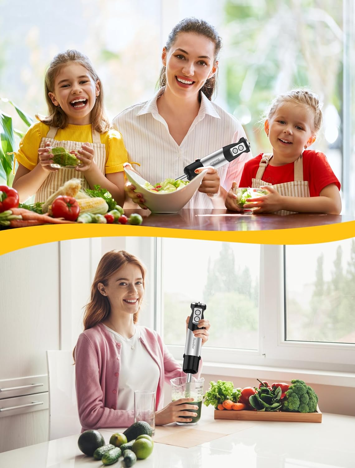 Handor 6-In-1 Hand Immersion Blender, 1000W 12 Speed Handheld Blender with 600Ml Beaker, 500Ml Chopper, Egg Whisk, Milk Frother, Stainless Steel Blades for Soup, Smoothie, Puree