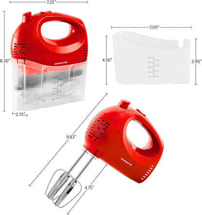 OVENTE Portable 5 Speed Mixing Electric Hand Mixer with Stainless Steel Whisk Beater Attachments & Snap Storage Case, Compact Lightweight 150 Watt Powerful Blender for Baking & Cooking, Red HM151R