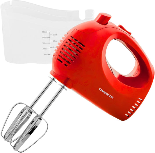 OVENTE Portable 5 Speed Mixing Electric Hand Mixer with Stainless Steel Whisk Beater Attachments & Snap Storage Case, Compact Lightweight 150 Watt Powerful Blender for Baking & Cooking, Red HM151R
