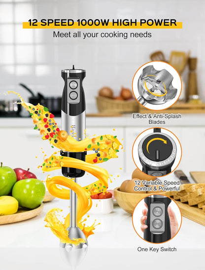 Handor 6-In-1 Hand Immersion Blender, 1000W 12 Speed Handheld Blender with 600Ml Beaker, 500Ml Chopper, Egg Whisk, Milk Frother, Stainless Steel Blades for Soup, Smoothie, Puree